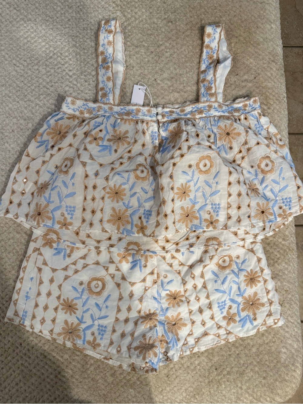 Embroidered Floral Two-Piece Romper in White, Blue & Tan